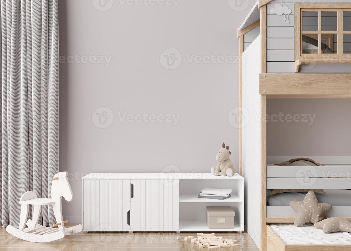 Empty gray wall in modern child room. Mock up interior in contemporary, scandinavian style. Copy space for your artwork, picture or poster. Bed, sideboard. Cozy room for kids. 3D rendering. photo