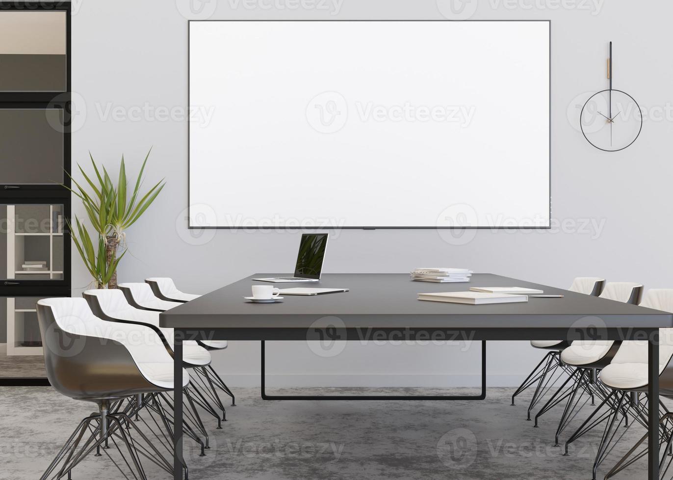 Conference room with blank, empty TV screen. Monitor mock up. Business meeting room with LCD screen for presentation, advertising. Modern, contemporary office. Free, copy space, template. 3d rendering photo