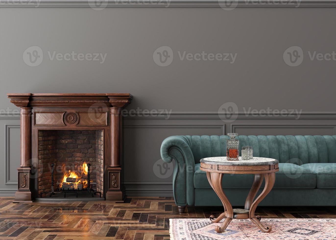 Beautiful living room with fireplace. Classic style interior design. Burning firewood, fire. Cosy, relaxed atmosphere. Sofa, table, parquet floor, fireplace. Heating with wood. 3D rendering. photo