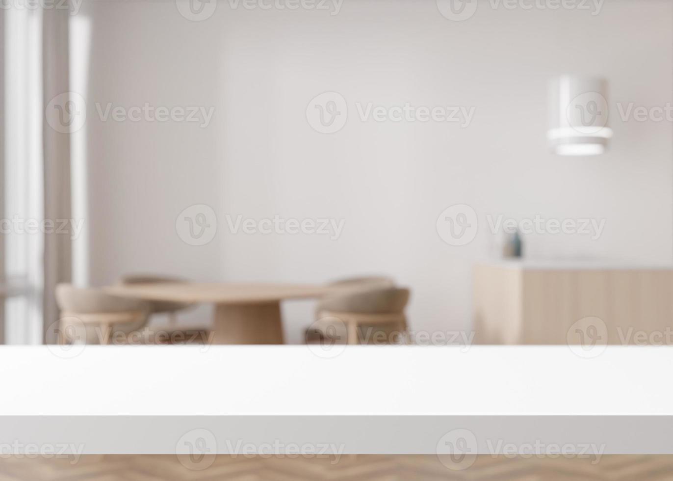 Empty white table top and blurred kitchen, dining room interior on the background. Copy space for your object, product, food presentation. 3D rendering. photo