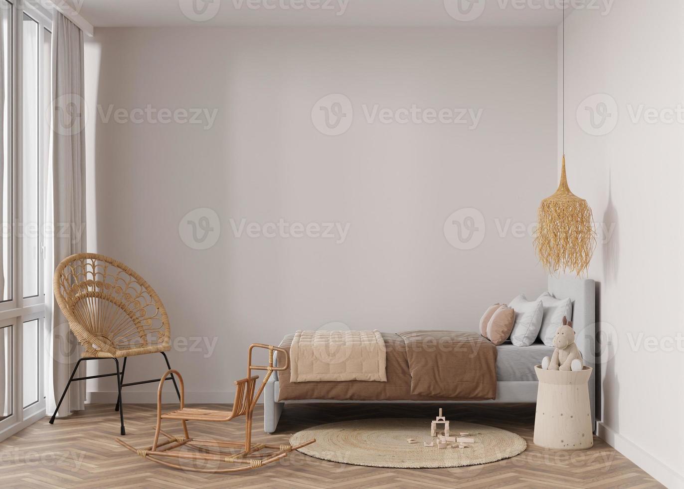 Empty wall in modern child room. Mock up interior in boho style. Free, copy space for your picture or poster. Bed, rattan chair, carpet, toys. Cozy room for kids. 3D rendering. photo