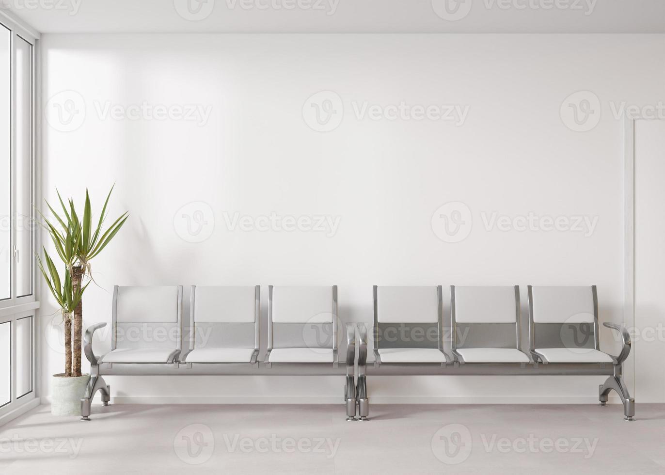Empty white wall in modern public space. Mock up for advertisement. Free, copy space for your billboard. White waiting room with empty space for signboard, poster. 3D rendering. photo