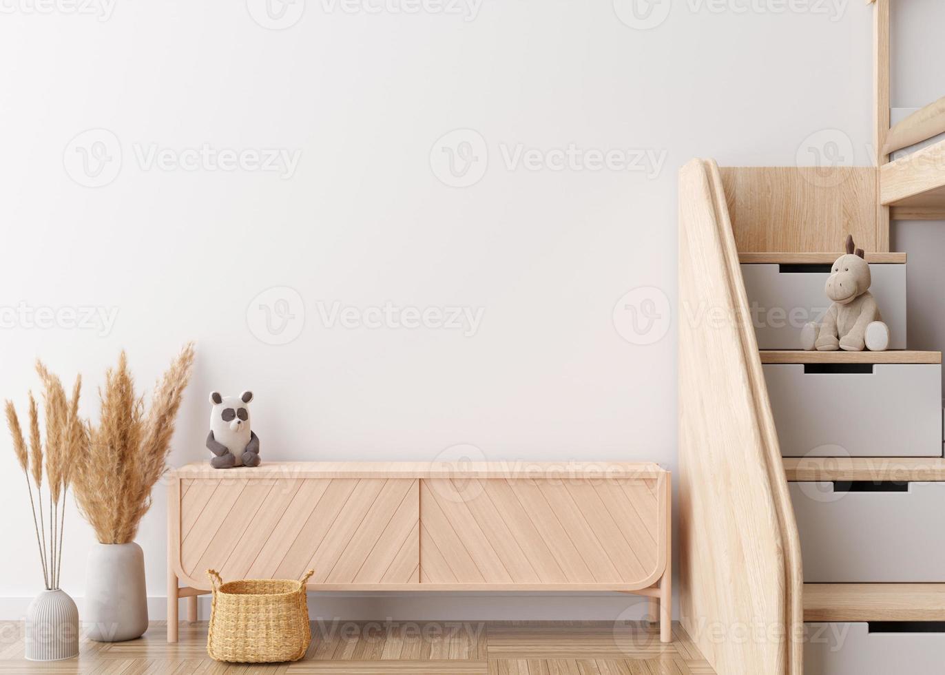 Empty white wall in modern child room. Mock up interior in scandinavian style. Copy space for your artwork, picture or poster. Bed, sideboard, pampas grass in vase. Cozy room for kids. 3D rendering. photo