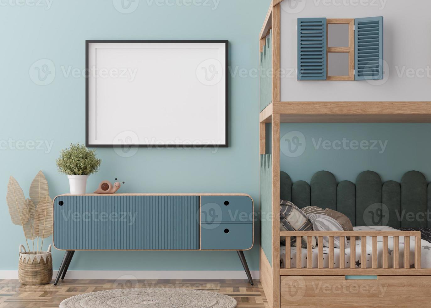 Empty horizontal picture frame on blue wall in modern child room. Mock up interior in contemporary, scandinavian style. Free, copy space for picture. Bed, toys. Cozy room for kids. 3D rendering. photo