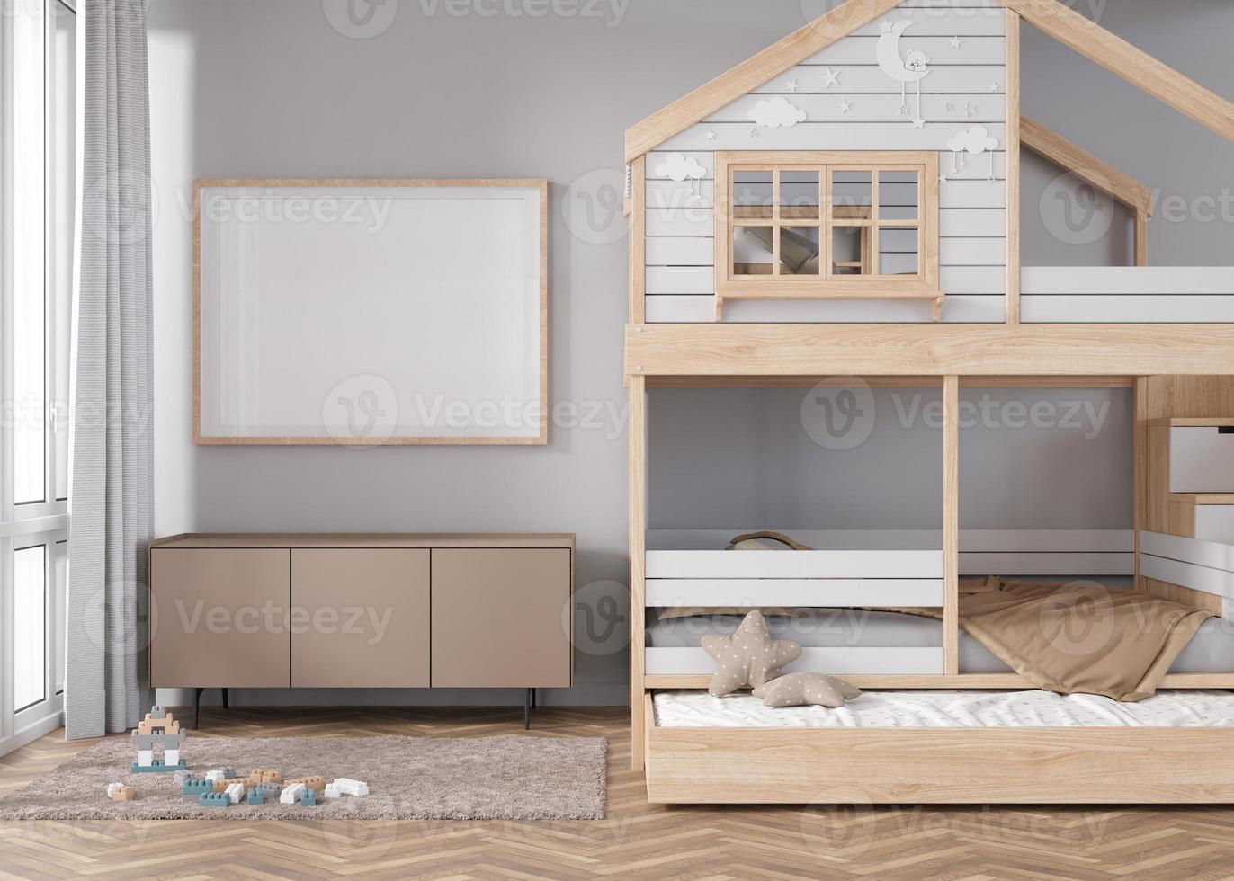 marco de imagen horizontal vacío en la pared gris en la habitación infantil moderna. interior simulado en estilo escandinavo contemporáneo. gratis, copie el espacio para la imagen. cama, juguetes. habitación acogedora para niños. representación 3d foto