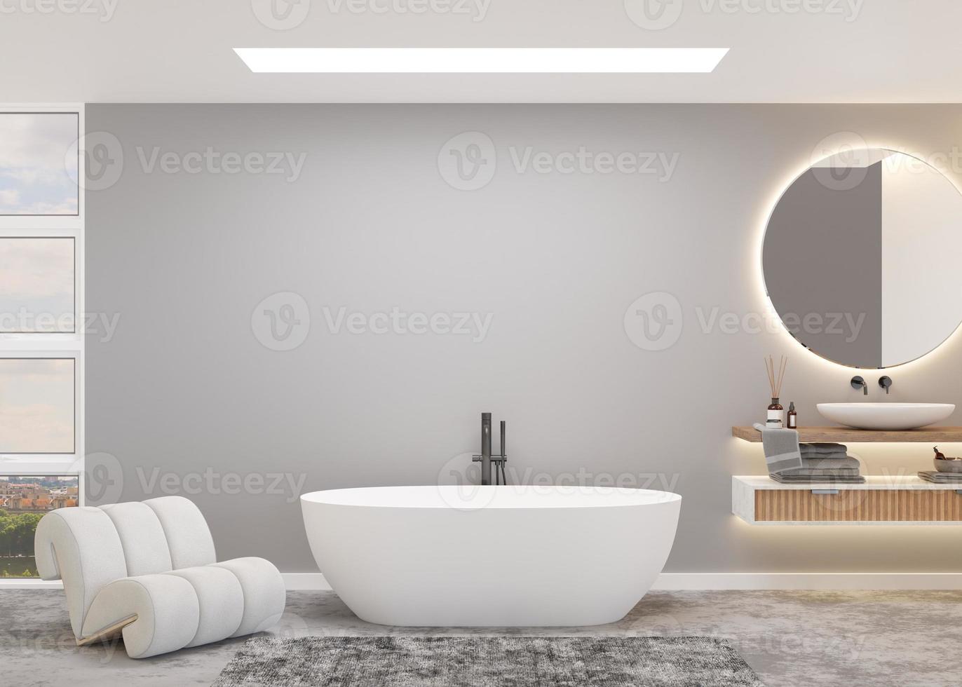 Beautiful, light and modern bathroom. Big window and city view. Bathtub, washbasin, armchair. Home interior in contemporary style. Luxury bathroom design. Interior design project. Hotel. 3D render. photo