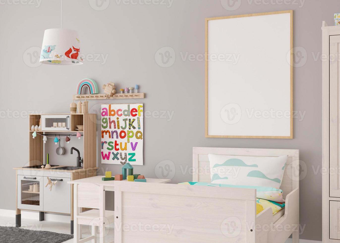 Empty vertical picture frame on gray wall in modern child room. Mock up interior in contemporary, scandinavian style. Free, copy space for picture. Bed, toys. Cozy room for kids. 3D rendering. photo