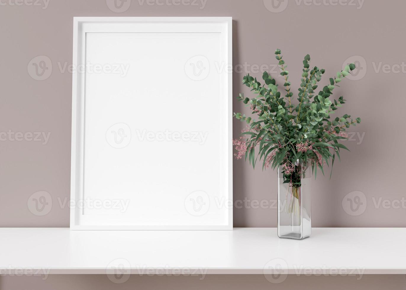 Empty vertical picture frame standing on white shelf. Frame mock up. Copy space for picture, poster. Template for your artwork. Close up view. Eucalyptus plant in vase. 3D rendering. photo