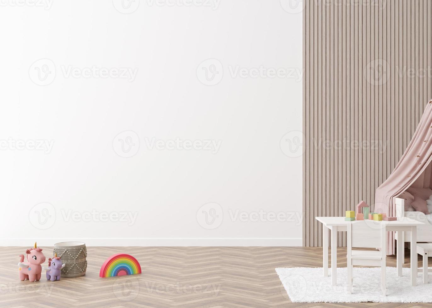 Kids room wallpaper presentation mock up. Empty white wall in modern child room. Copy space for your wallpaper design, wall stickers or other decoration. Interior in scandinavian style. 3D rendering. photo