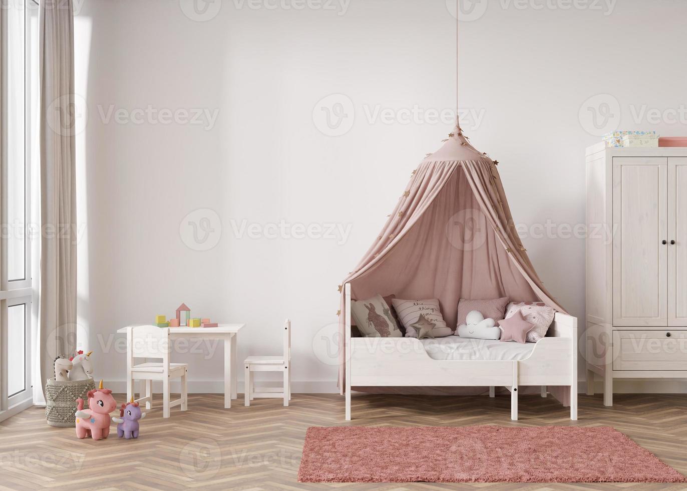 Empty white wall in modern child room. Mock up interior in contemporary, scandinavian style. Copy space for your picture or poster. Bed, table, toys. Cozy room for kids. 3D rendering. photo