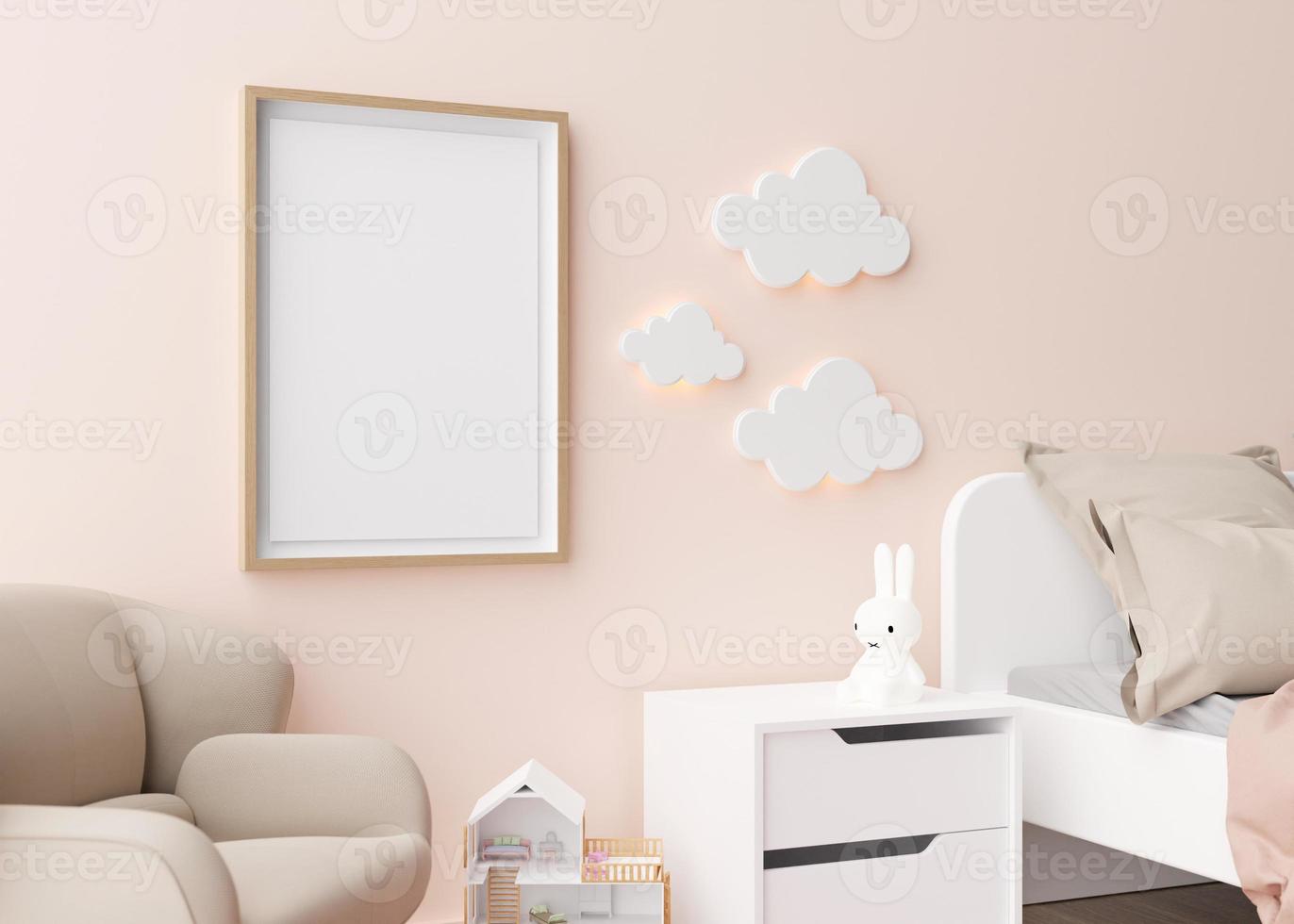 Empty vertical picture frame hanging on the wall in modern child room. Frame mock up in contemporary style. Free, copy space for picture, poster. Toys, bed, armchair. Close up view. 3D rendering. photo