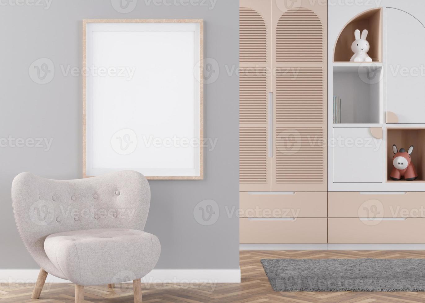 Empty vertical picture frame on gray wall in modern child room. Mock up interior in contemporary, scandinavian style. Empty, copy space for picture. Armchair, toys. Cozy room for kids. 3D rendering. photo