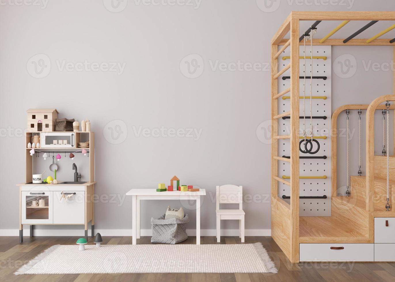 Empty gray wall in modern child room. Mock up interior in contemporary, scandinavian style. Copy space for your artwork, picture or poster. Bed, table with chair, toys. Cozy room for kids. 3D render. photo