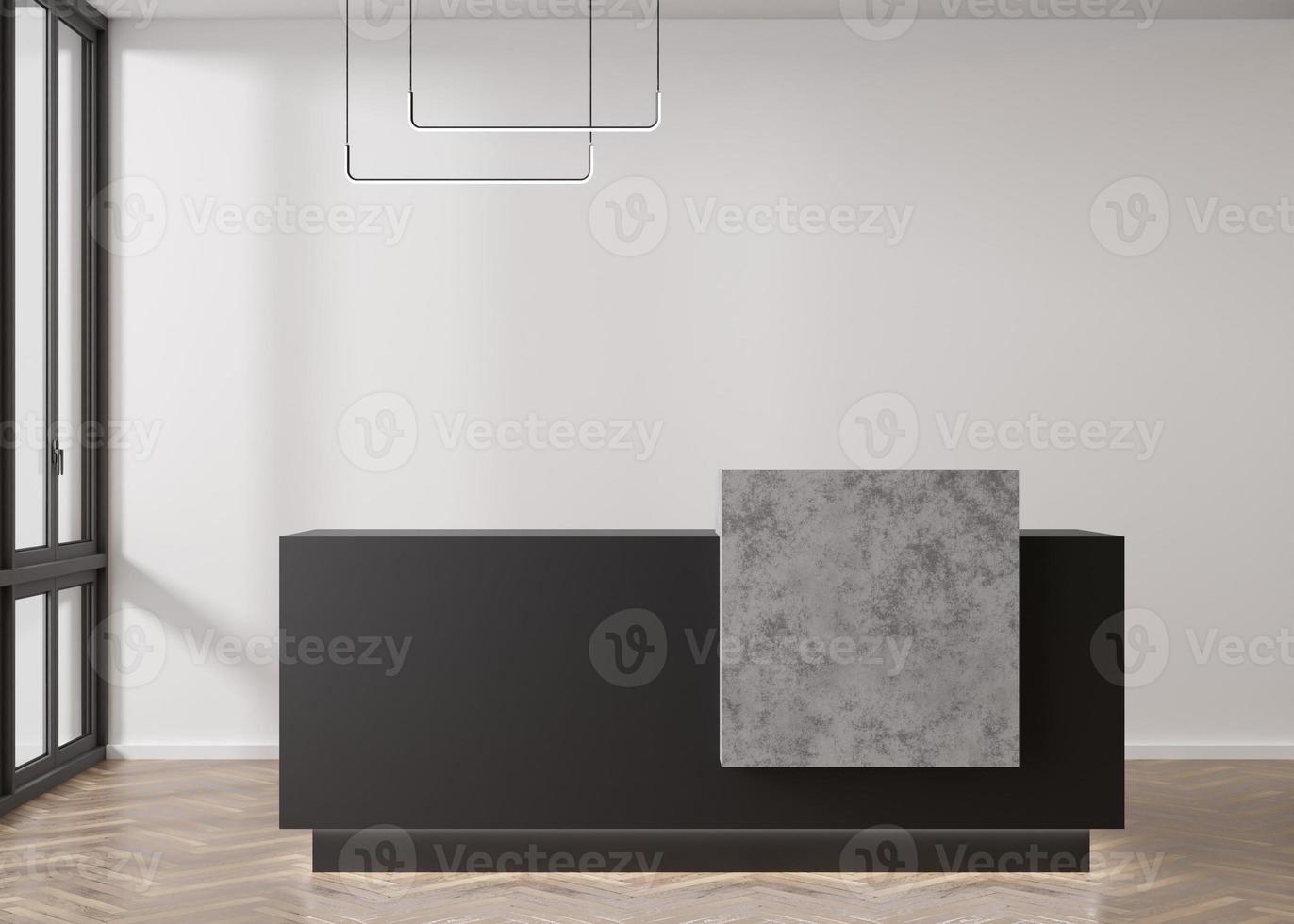 Black reception counter in modern room with white walls. Blank registration desk in hotel, spa or office. Reception mock up with copy space for branding, logo. Contemporary style. 3D rendering. photo
