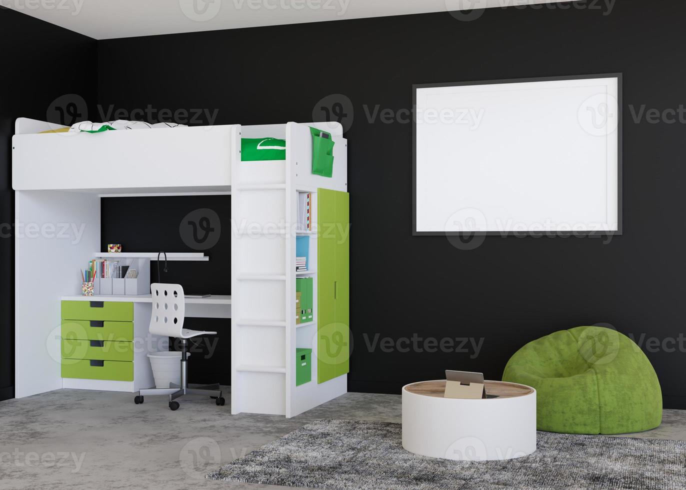 marco de imagen horizontal vacío en la pared negra en la habitación infantil moderna. interior simulado en estilo escandinavo contemporáneo. gratis, copie el espacio para la imagen. cama, juguetes. habitación acogedora para niños. representación 3d foto