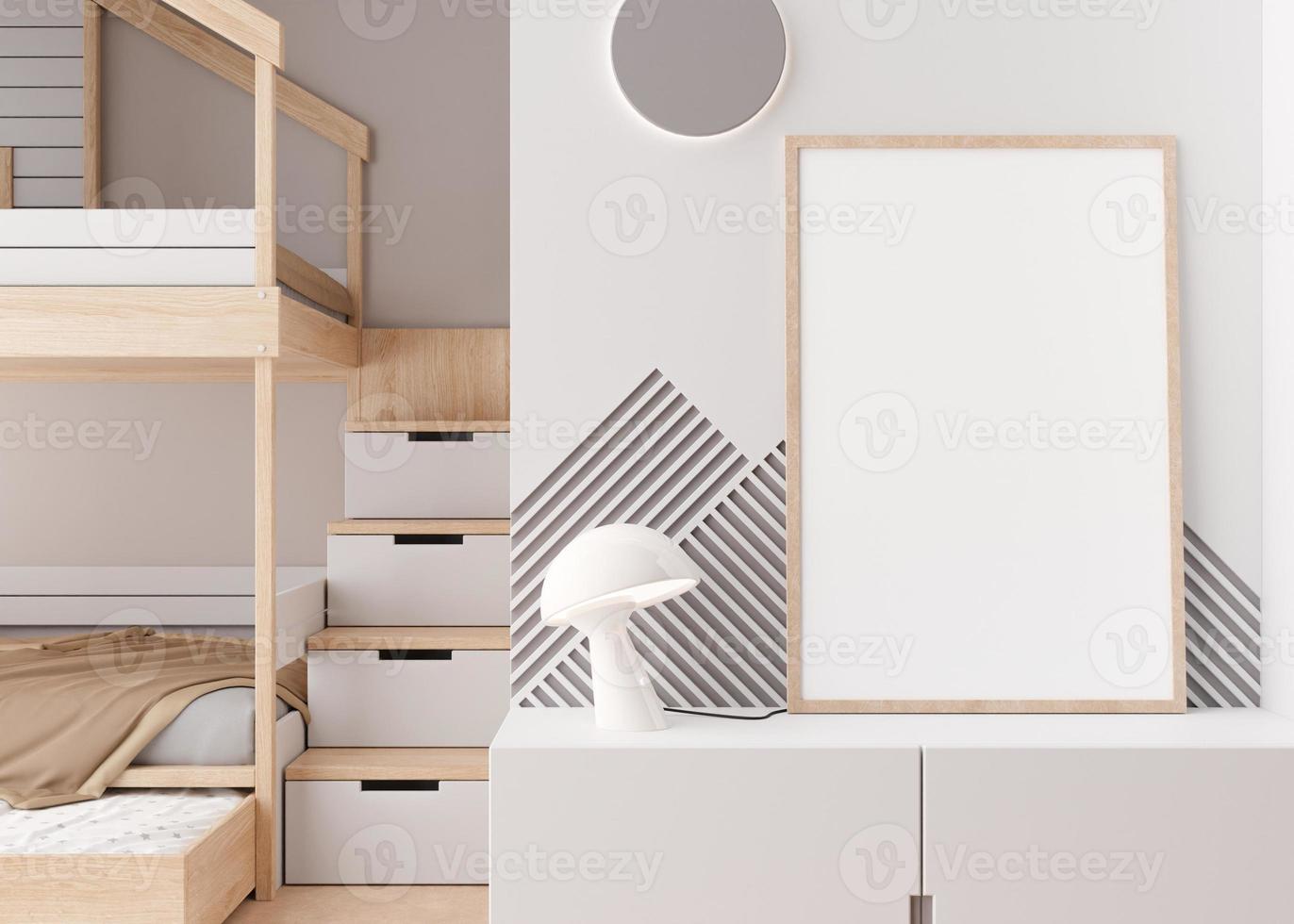 Empty vertical picture frame standing on the sideboard in modern child room. Mock up interior in contemporary, scandinavian style. Empty, copy space for picture. Cozy room for kids. 3D rendering. photo