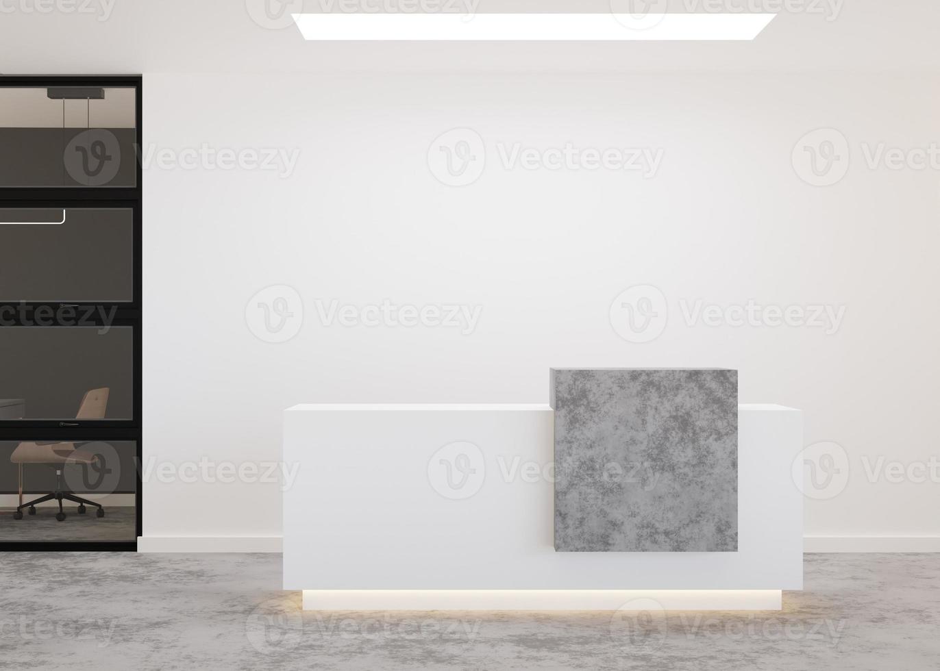 White reception counter in modern room with white walls. Blank registration desk in hotel, spa or office. Reception mock up with copy space for branding, logo. Contemporary style. 3D rendering. photo