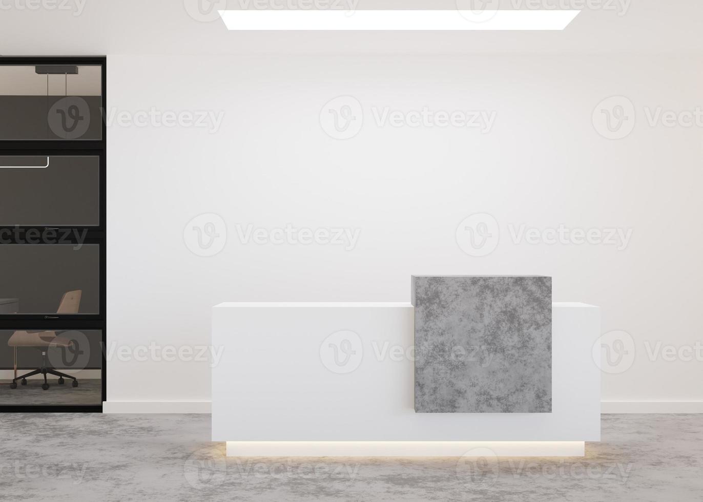 Mostrador de recepción blanco en una habitación moderna con paredes blancas. mostrador de registro en blanco en hotel, spa u oficina. maqueta de recepción con espacio de copia para marca, logotipo. estilo contemporáneo. representación 3d foto