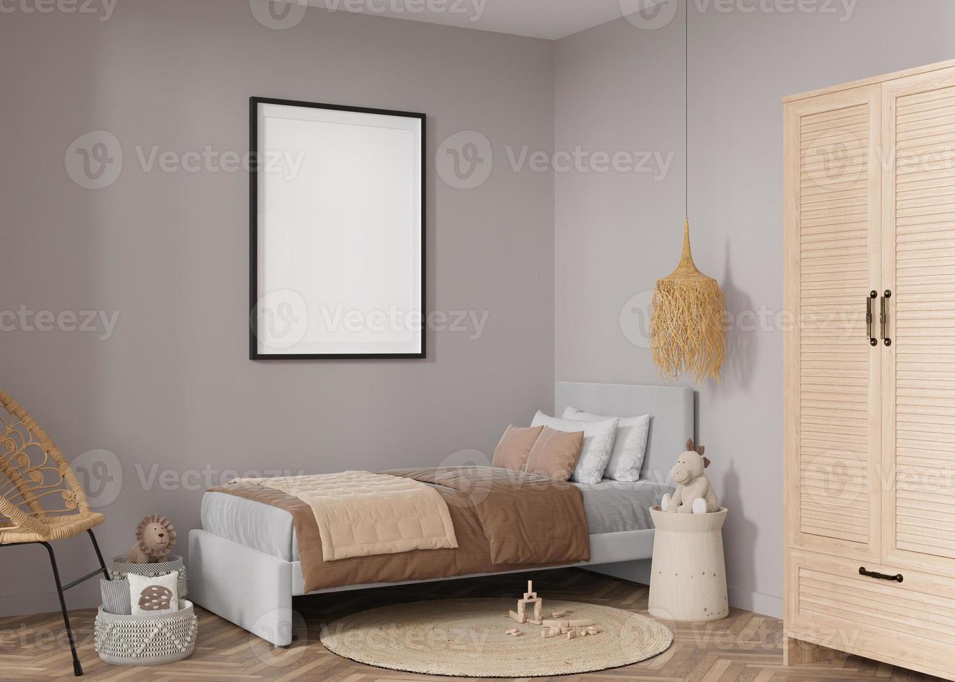 Empty vertical picture frame on grey wall in modern child room. Mock up interior in boho style. Free, copy space for your picture. Bed, rattan chair, toys. Cozy room for kids. 3D rendering. photo