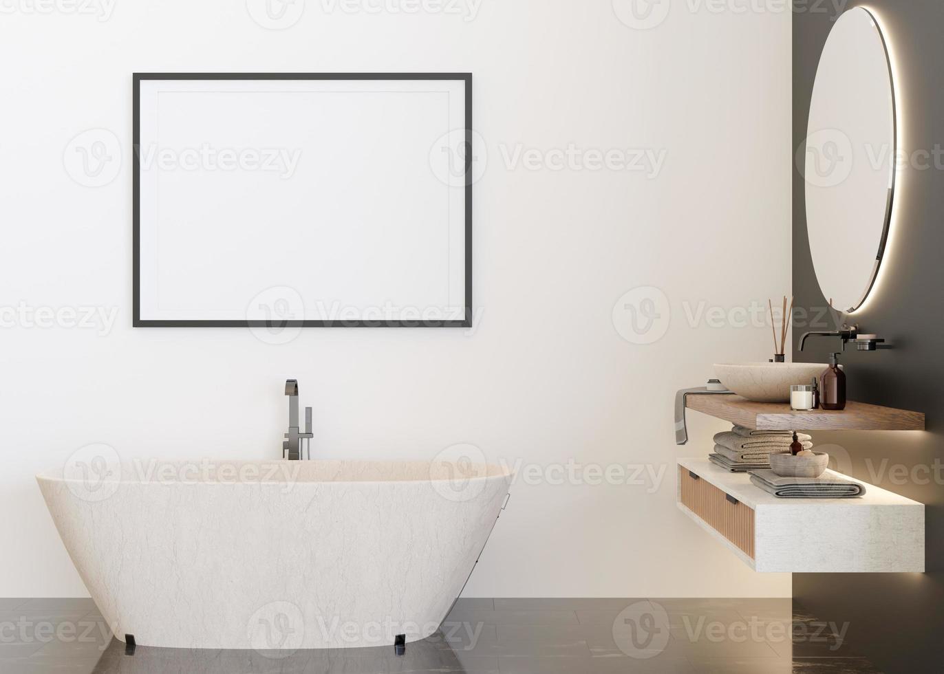 Empty horizontal picture frame on white wall in modern and luxury bathroom. Mock up interior in contemporary style. Free, copy space for your picture, poster, artwork. Bath, washbasin. 3D rendering. photo