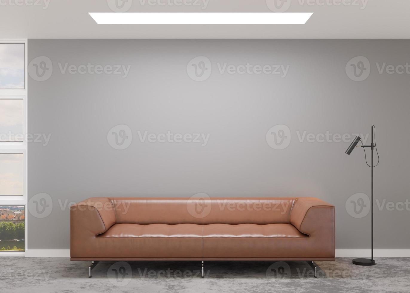 Empty gray wall in modern living room. Mock up interior in contemporary style. Copy space for picture, poster. Template for artwork. Brown leather sofa, concrete floor. Leather furniture. 3D render. photo