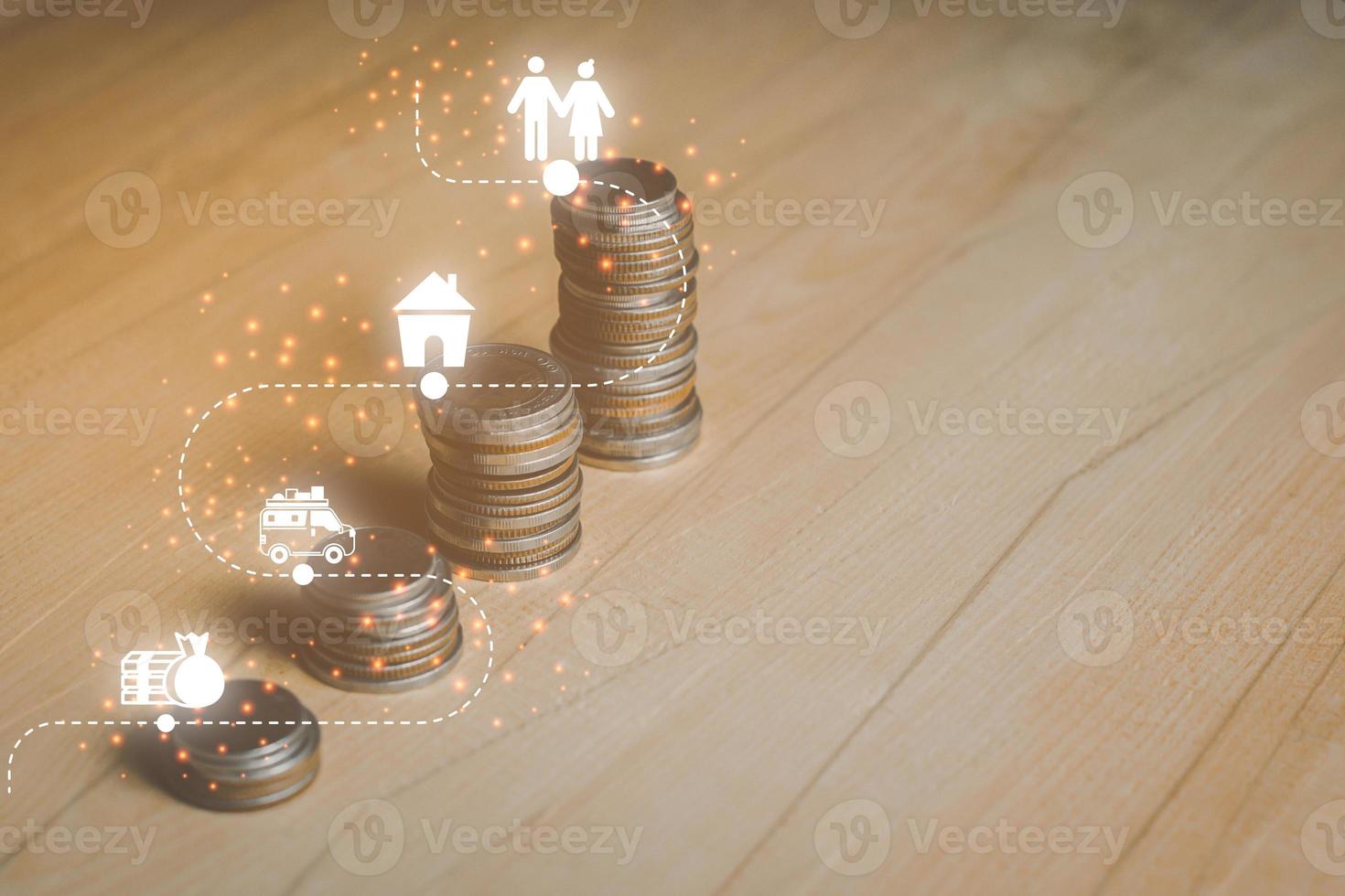 Bird eye view step of saving money coin chart and computer graphic light on the wooden photo