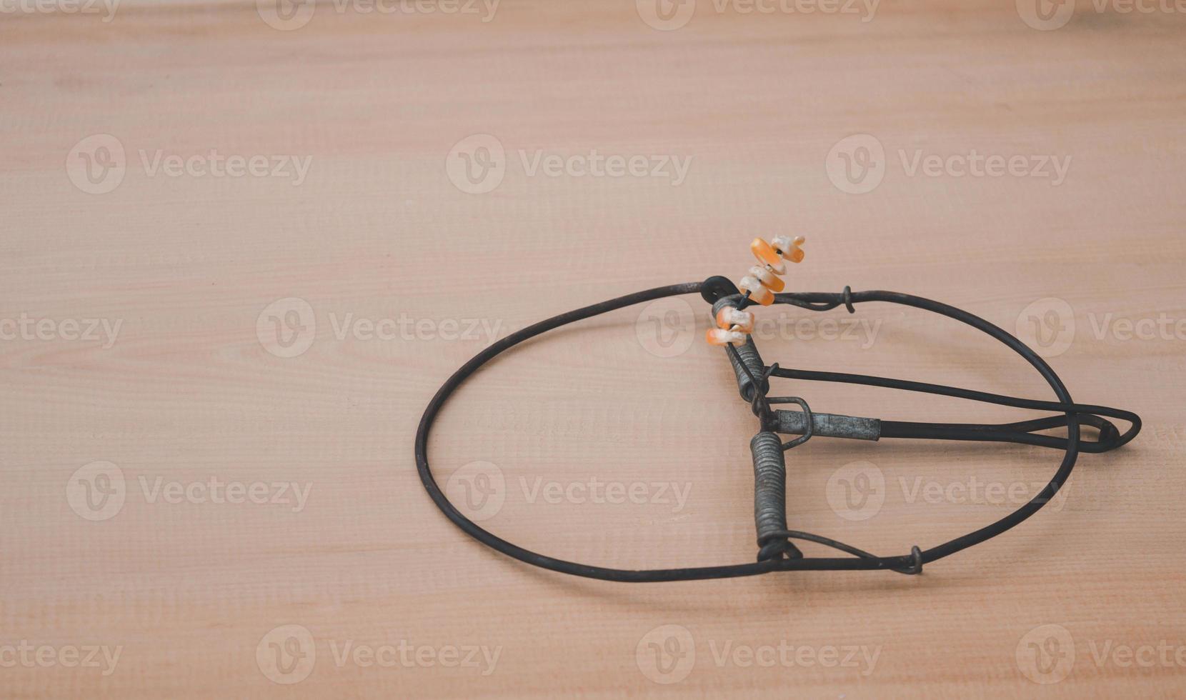 Bird eye view of trap on the wooden background, rat and animal trap photo