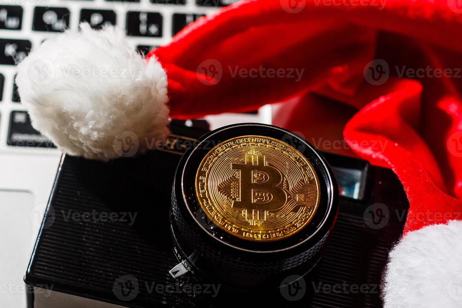 Bitcoin on the christmas backgrounds photo