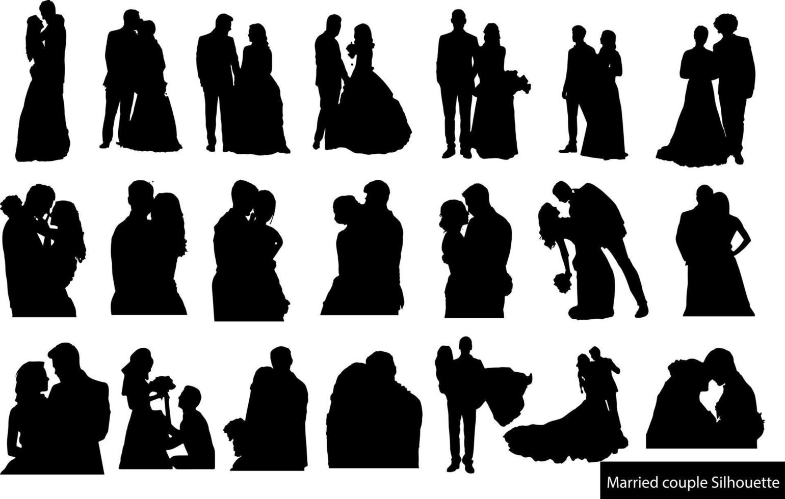 vector de silueta de pareja, aislado, conjunto de siluetas de boda