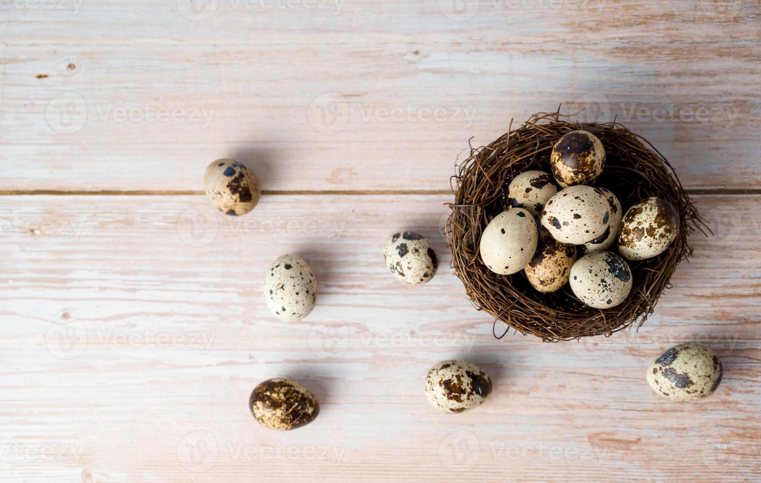 Easter flat lay with quail eegs in the nest.Rustic concept. April holidays photo