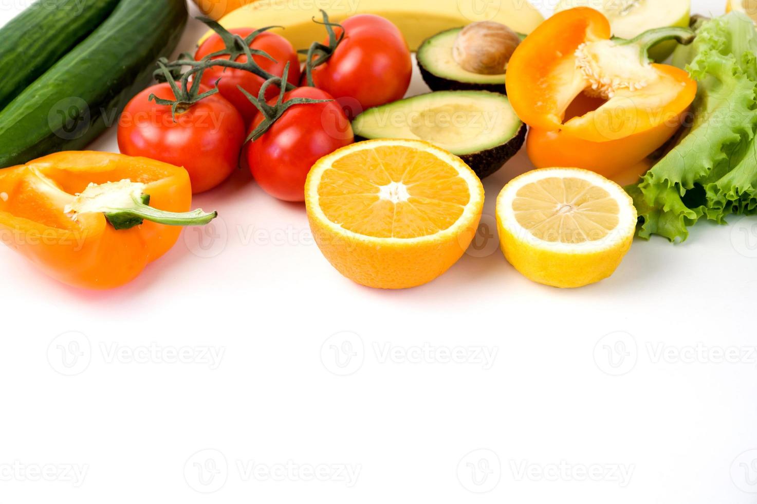 Banner with vegetables and friut against white background.Place for text photo