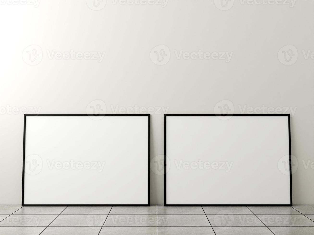 Photo frame mockup. Frame poster on marble floor with white wall. 3d rendering.