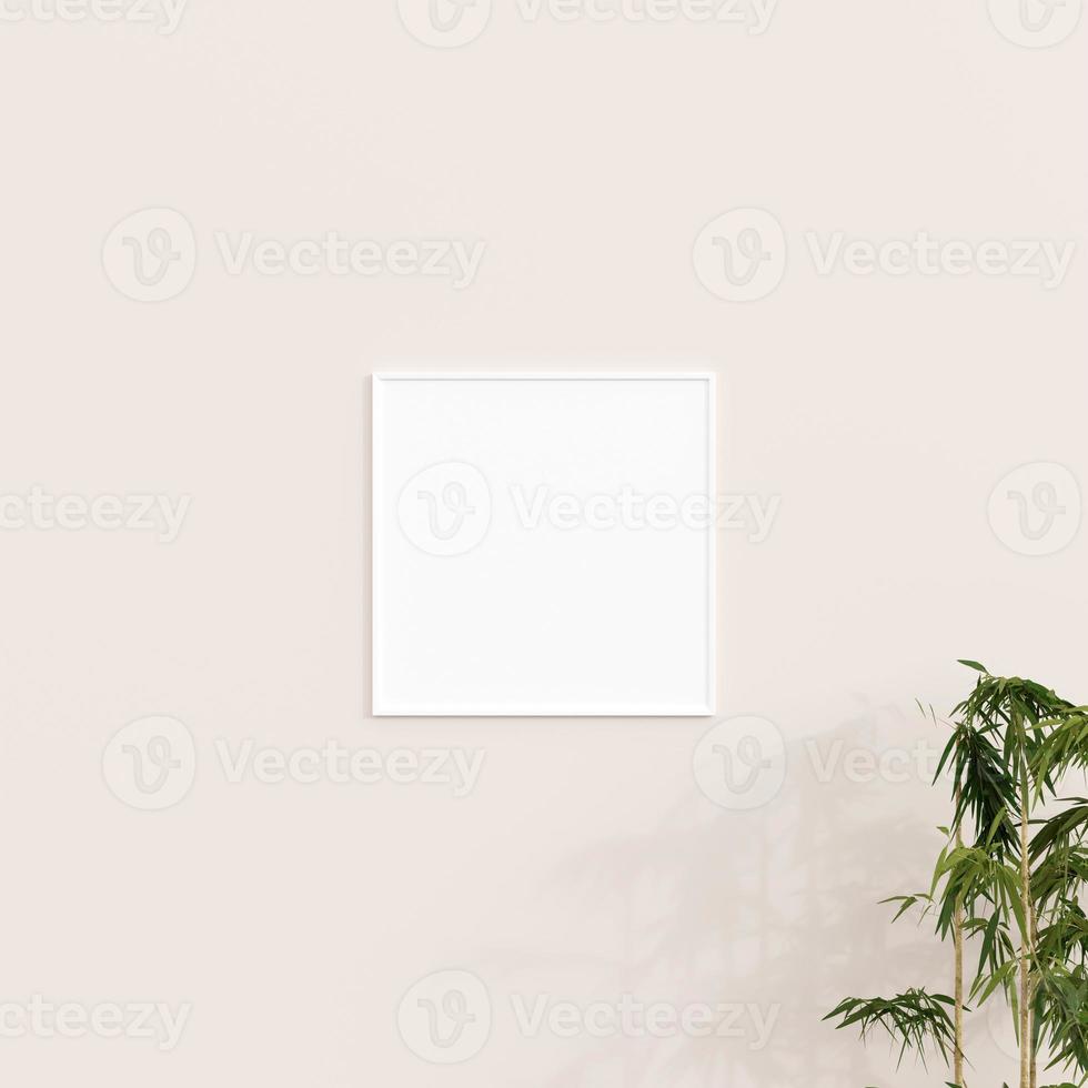 Minimal frame mockup on white wall with plant. Poster mockup. Clean, modern, minimal frame. 3d rendering. photo