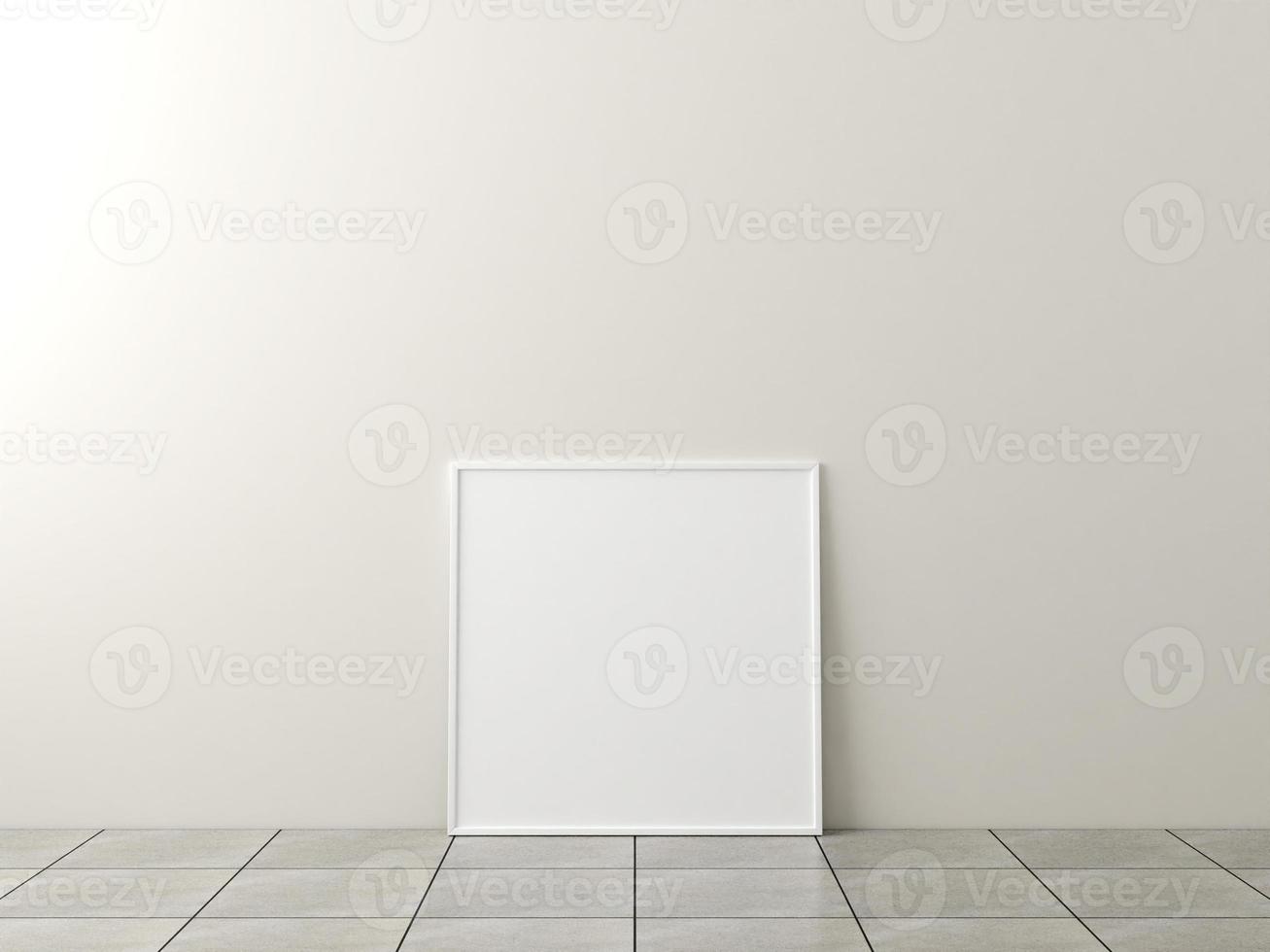 Photo frame mockup. Frame poster on marble floor with white wall. 3d rendering.