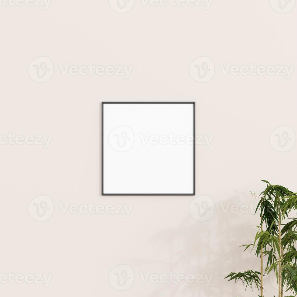 Minimal frame mockup on white wall with plant. Poster mockup. Clean, modern, minimal frame. 3d rendering. photo