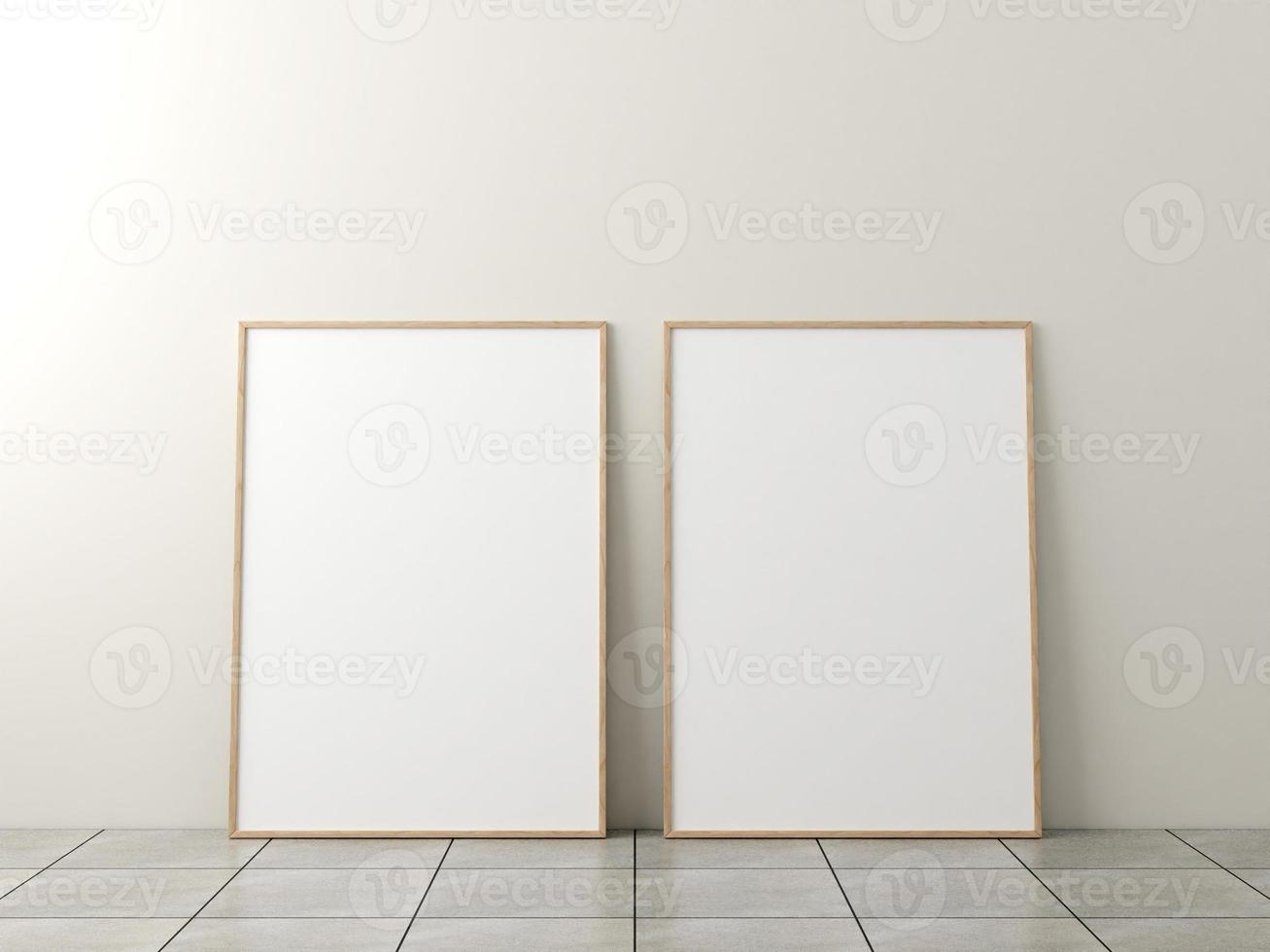 Photo frame mockup. Frame poster on marble floor with white wall. 3d rendering.