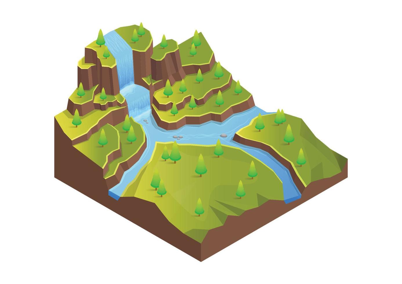 isla montañosa con árboles, río y cascada vector