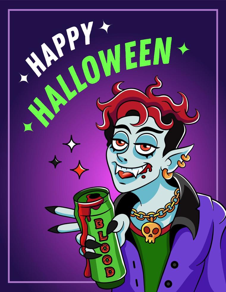 feliz tarjeta de felicitación de halloween. elegante vampiro feliz con una lata de sangre. ilustración vectorial vector