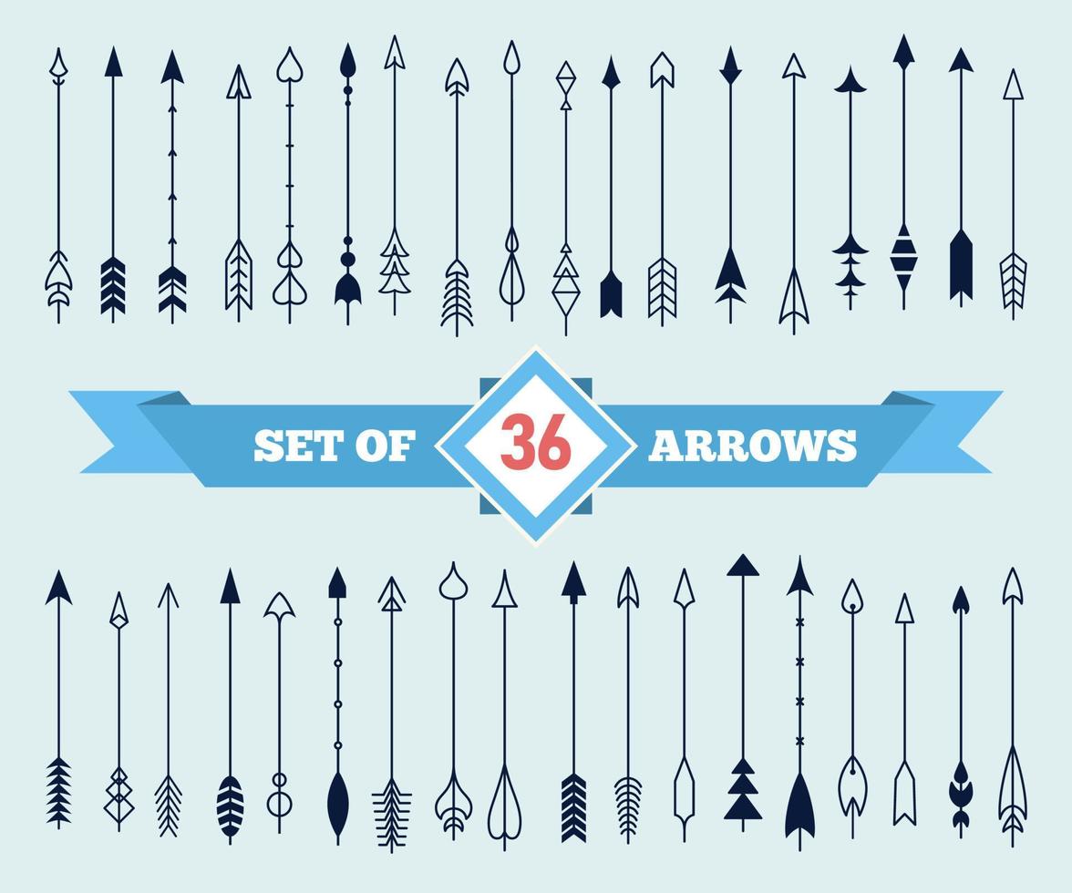 Vintage arrows in flat style for decoration. Large vector set of 36 stylized decorative arrows