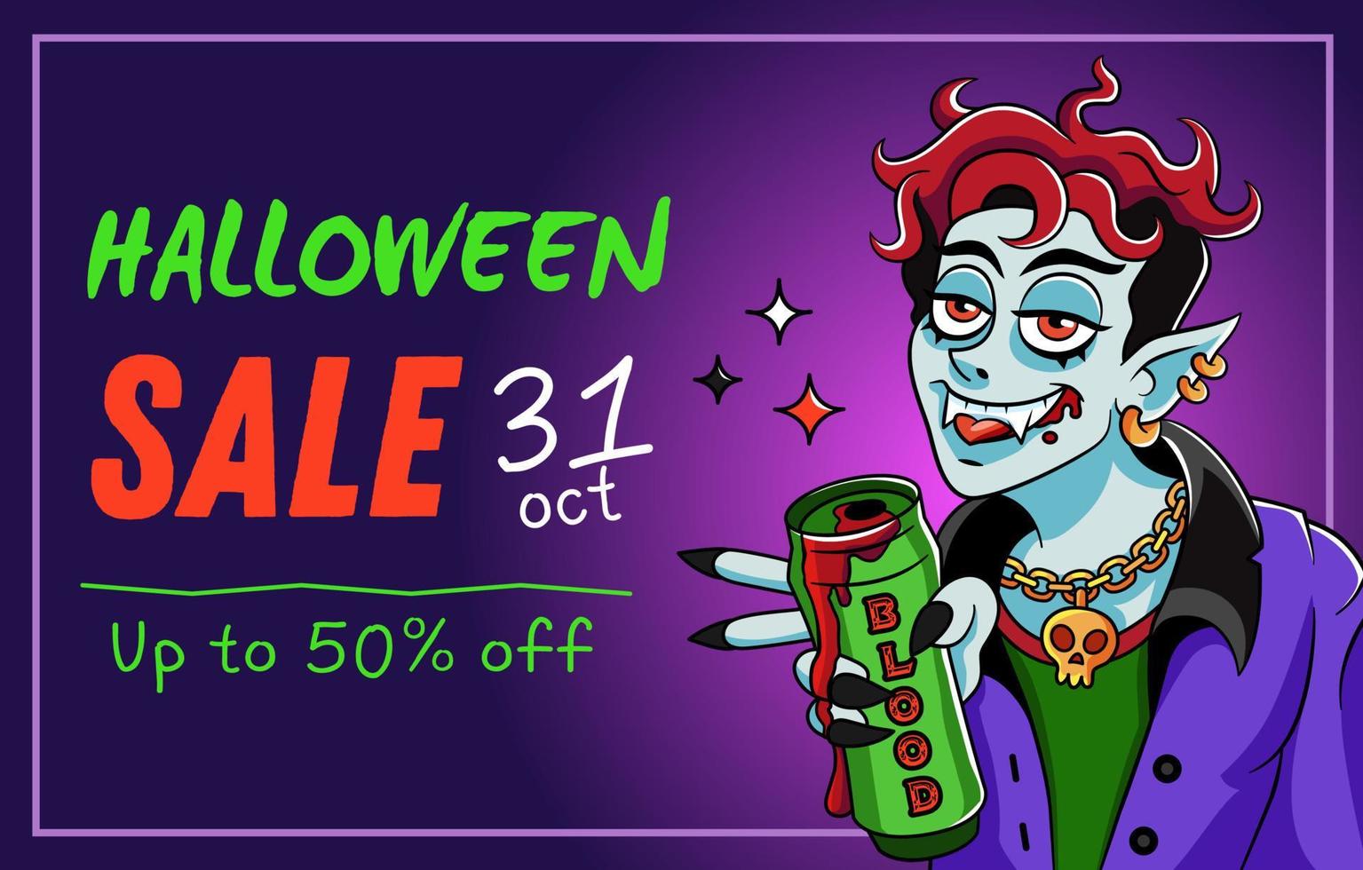 Halloween sale advertising banner. Stylish happy vampire with a blood can. Vector illustration