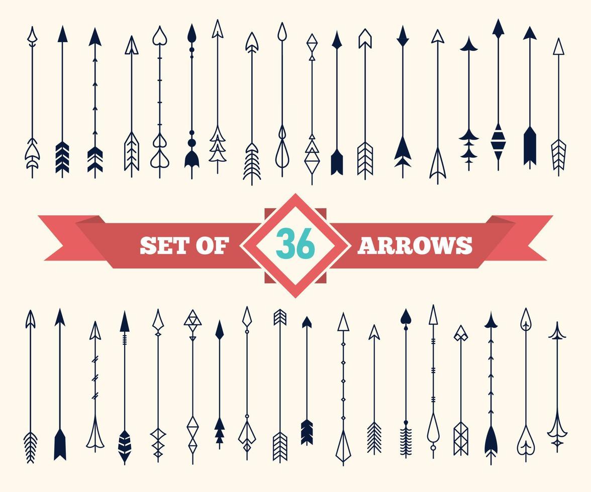 Vintage arrows in flat style for decoration. Large vector set of 36 stylized decorative arrows