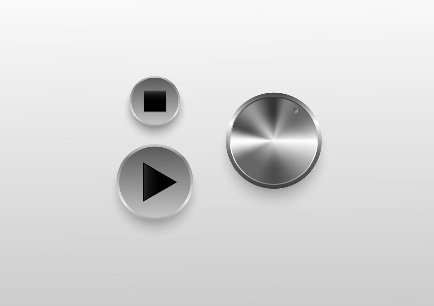 Technology dial knob, play and stop button with metal texture for sound control. Vector illustration.