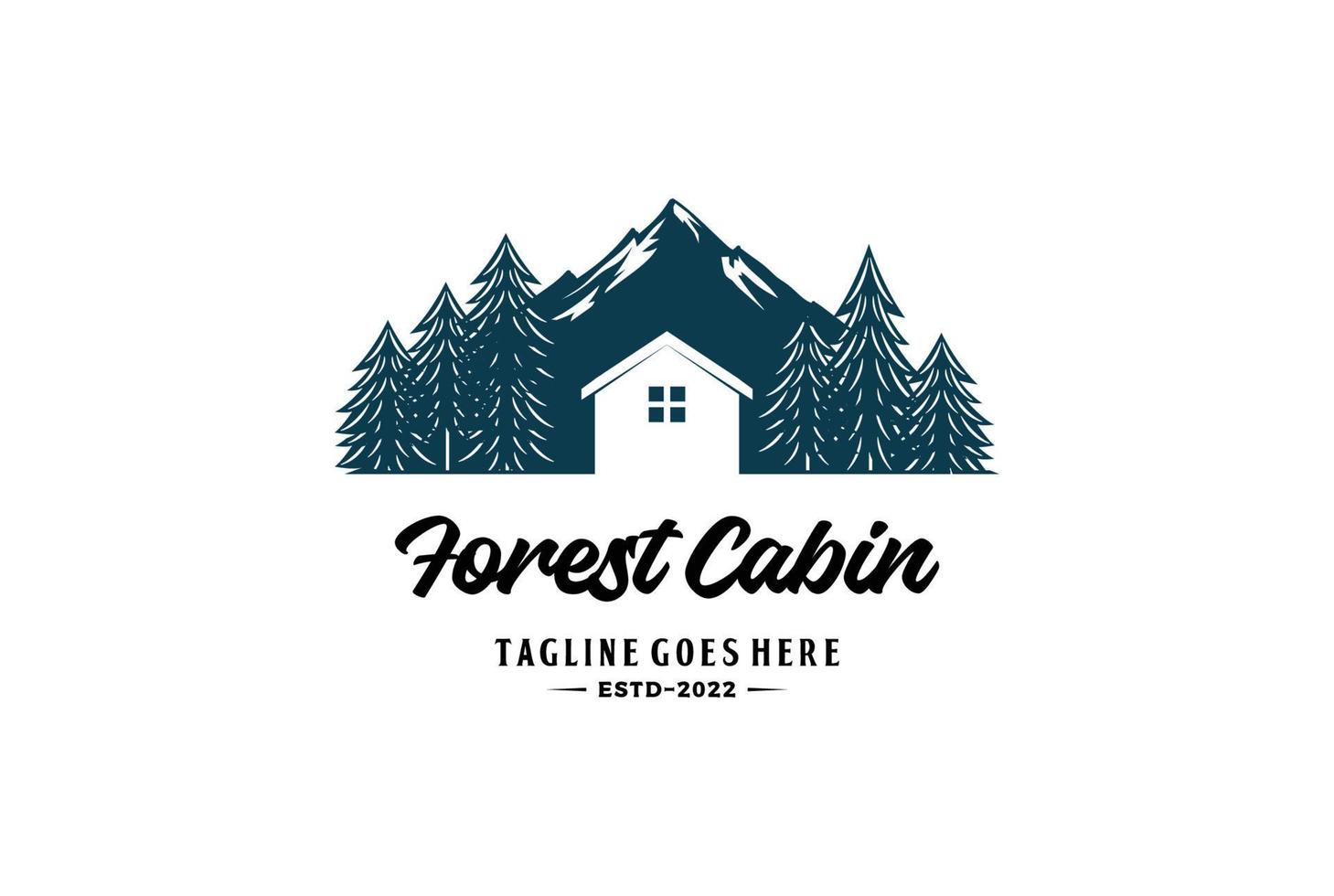 Mountain Pine Cedar Evergreen Conifer Cypress Larch Fir Forest with Cabin Cottage Logo vector