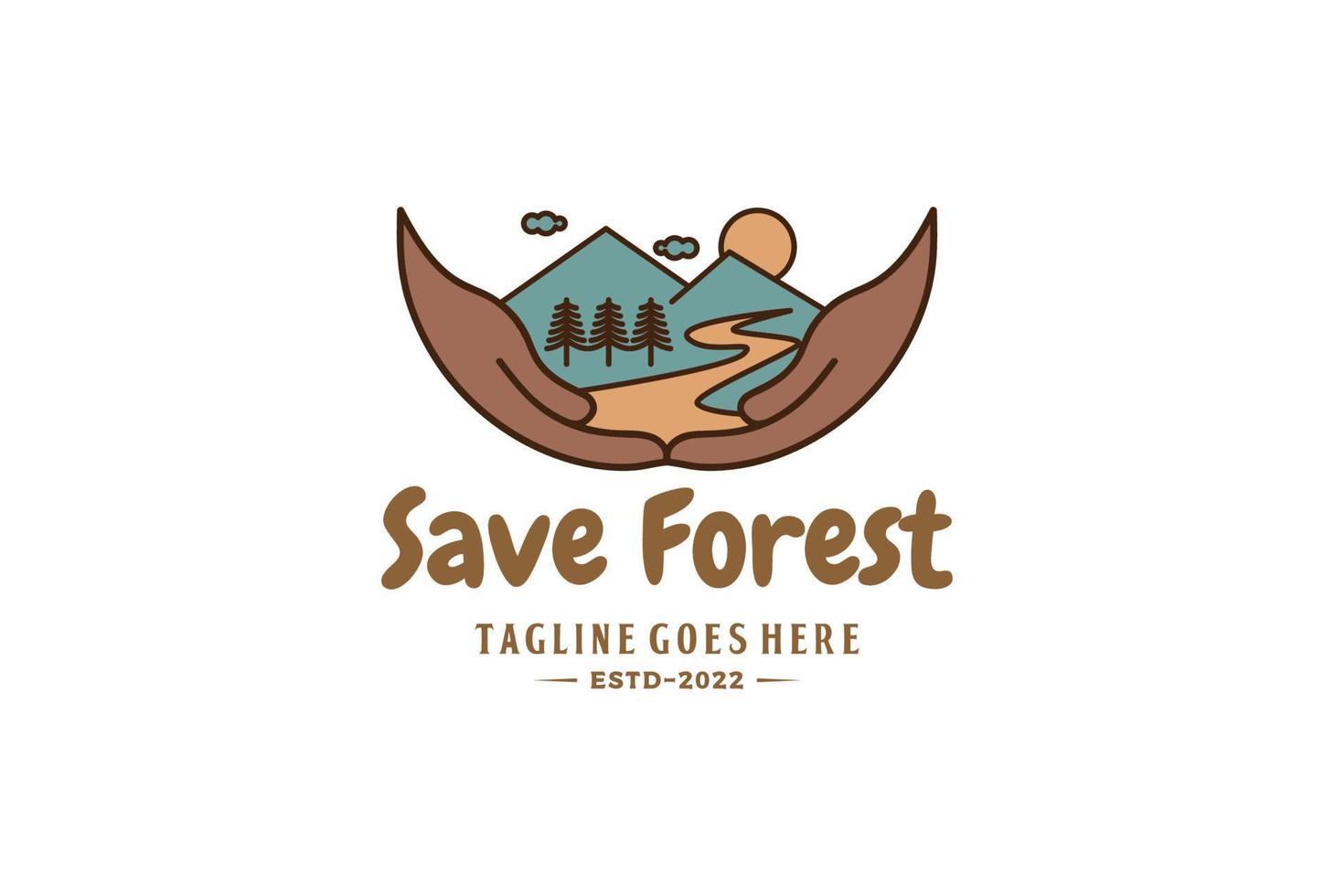 Hand Save Protect Mountain Creek River Landscape Panorama Logo Design vector