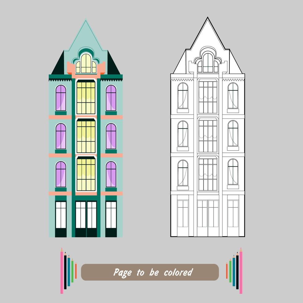 Dibujo de edificio alto y antiguo con buhardilla para colorear vector