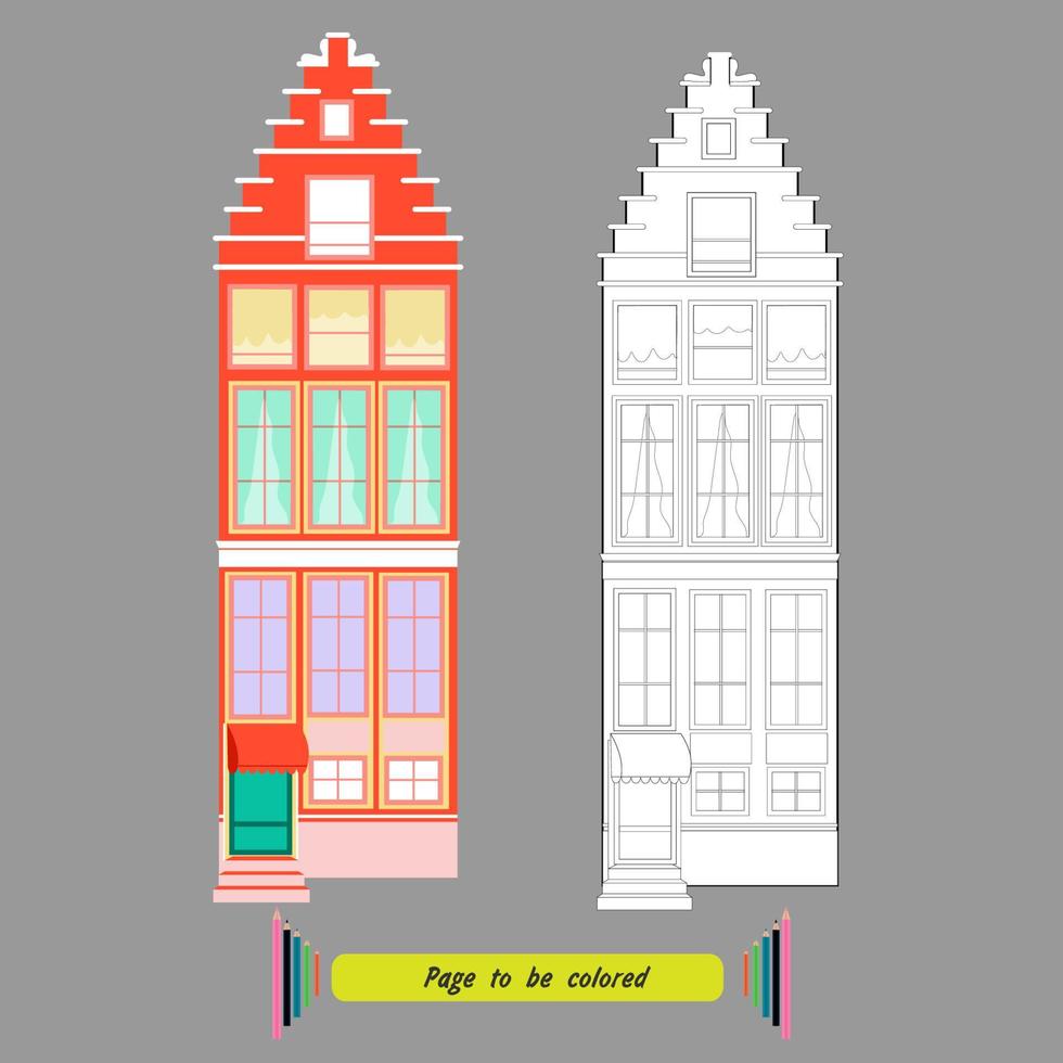 Dibujo para colorear edificio alto y antiguo con porche vector