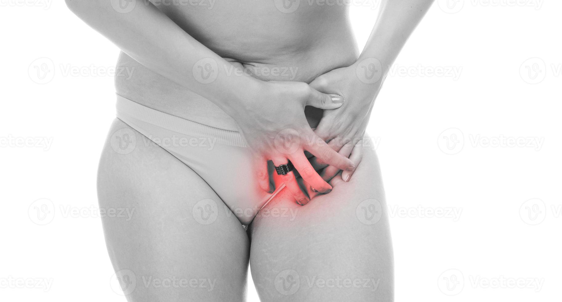 girl covering her crotch with her hands. simulating crotch pain. isolated on white photo