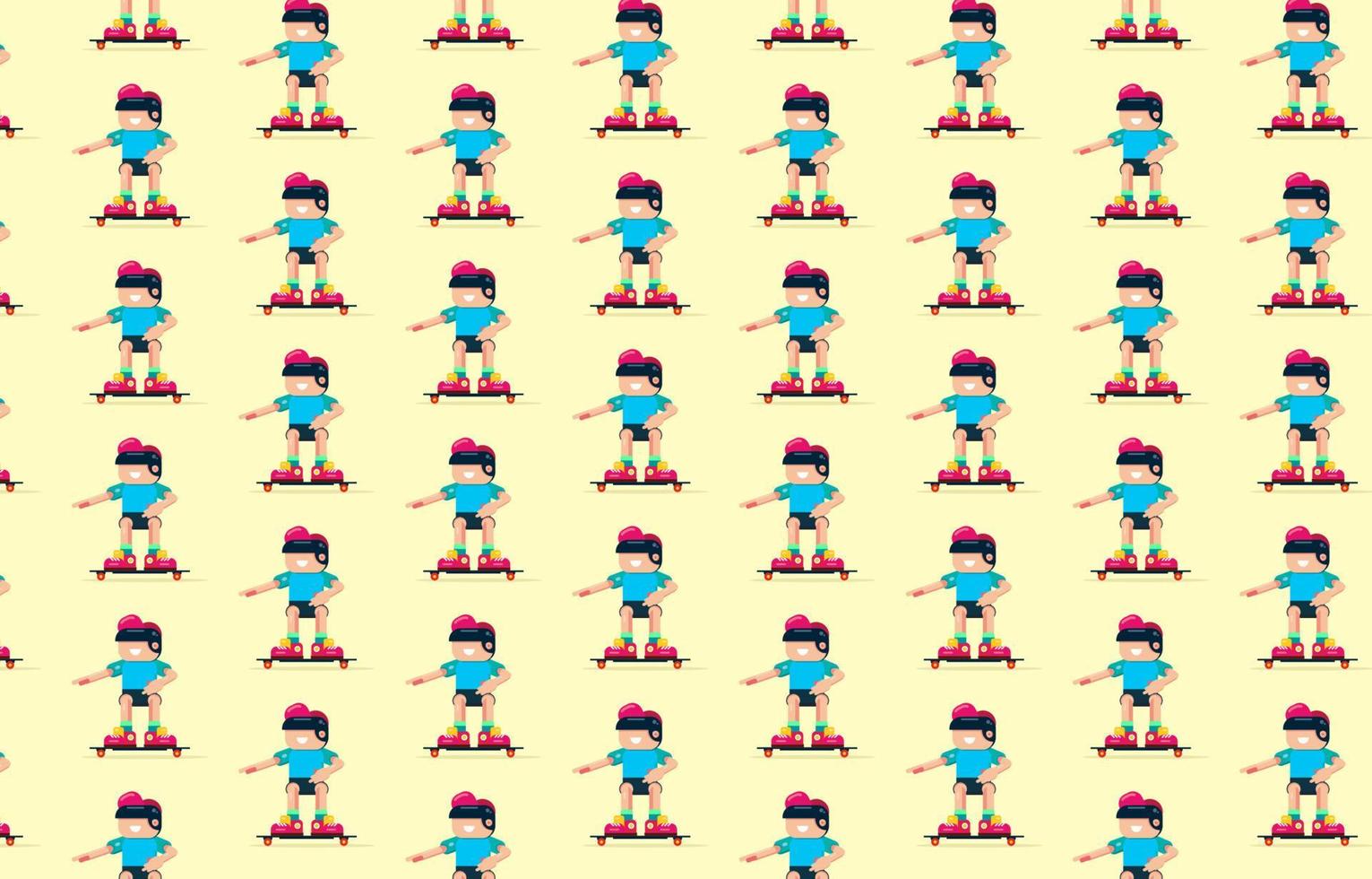 Cute kid playing skateboard seamless pattern in childish style. Vector Illustration. Can be used for fabric and textile, wallpapers, backgrounds, home decor, posters, cards.