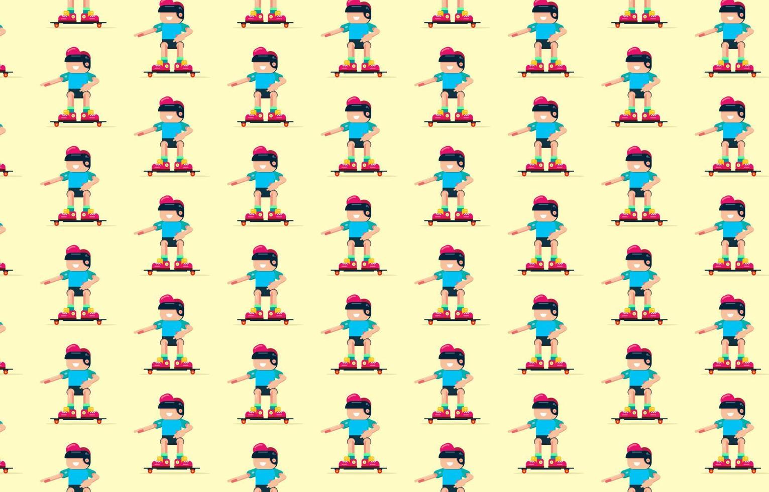 Cute kid playing skateboard seamless pattern in childish style. Vector Illustration. Can be used for fabric and textile, wallpapers, backgrounds, home decor, posters, cards.