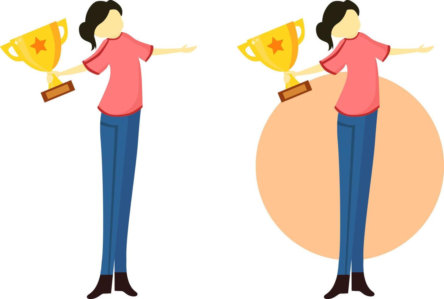 Vector Graphic Illustration, Flat design, first winner. Winner and trophy. teen girl winning competition
